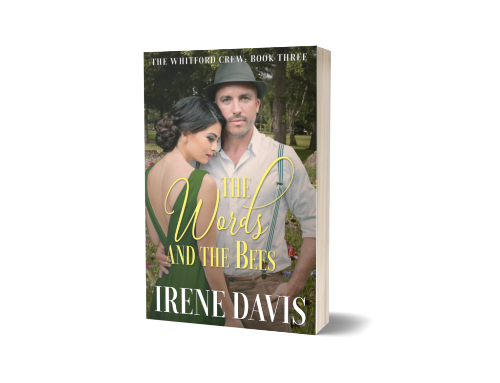 Cover of THE WORDS AND THE BEES: white man in white button down shirt and suspenders faces viewer. His arm is around white woman wearing a green dress.